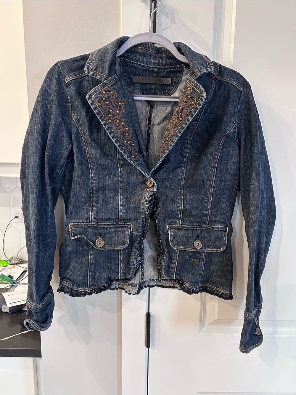 BUM Vintage Embroidered Denim Blazer Jacket Women’s Retro Button Front Layer